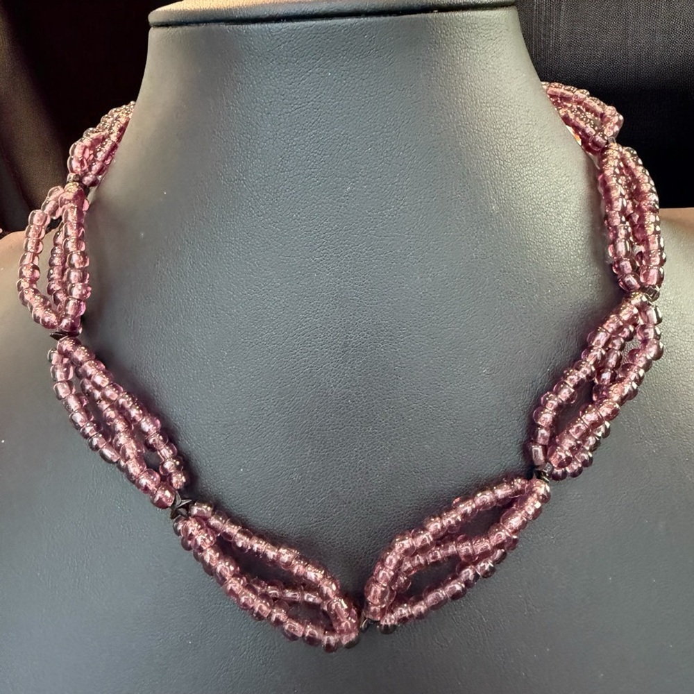 Artisan Pink Purple Multi Strand Beaded Necklace 16”